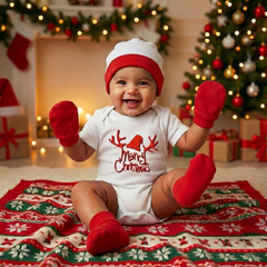 Organic Cotton Baby Christmas Dress | Christmas Clothing Set For Baby | Baby Onesie & Cap, Mittens , Botties Set | 0-3 Months | Pack of 4