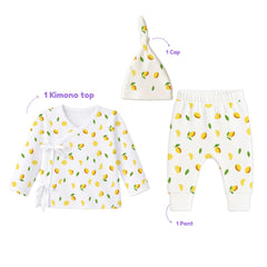 Organic Cotton Newborn Baby Clothing Set | Baby Shower Gift Hamper | Kimono Top, Pyjama & Cap Set | 0-6 Months | Pack of 3