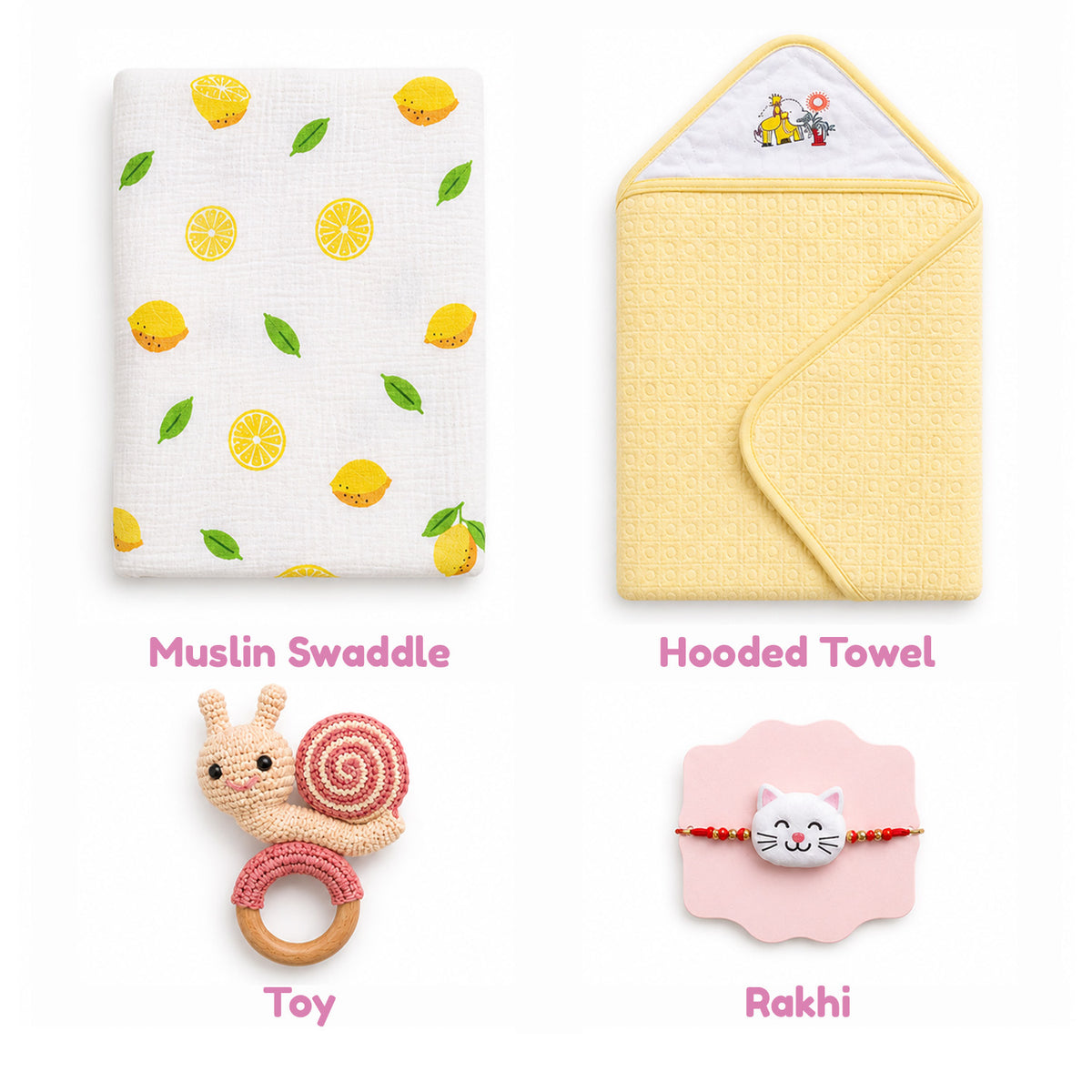 Rakhi Gift Set | Muslin Swaddle, Hooded Towel, Rattle Toy & Rakhi | Perfect For 0-12 Months | Pack of 4