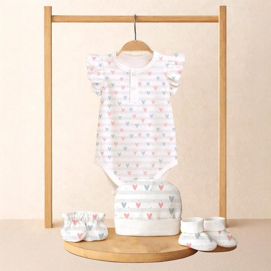 Organic Cotton Newborn Baby Clothing Set | Baby Shower Gift Hamper | Frill Onesie & Cap, Mittens, Botties Set | 0-6 Months | Pack of 4