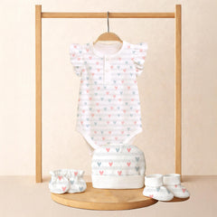 Organic Cotton Newborn Baby Clothing Set | Baby Shower Gift Hamper | Frill Onesie & Cap, Mittens, Botties Set | 0-6 Months | Pack of 4