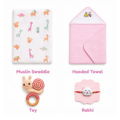 Rakhi Gift Set | Muslin Swaddle, Hooded Towel, Rattle Toy & Rakhi | Perfect For 0-12 Months | Pack of 4