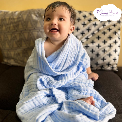 Baby Super Soft Absorbent Muslin 6 Layer wash Towel-100X100 CM-(0-3 Years)- Blue
