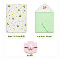Rakhi Gift Set | Muslin Swaddle, Hooded Towel & Rakhi | Perfect For 0-12 Months | Pack of 3