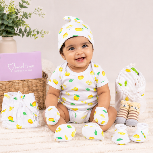 Organic Cotton Baby Essentials Gift Set | Baby Shower Gift Hamper | Baby Clothing Gift Combo | Lemon | Pack of 7