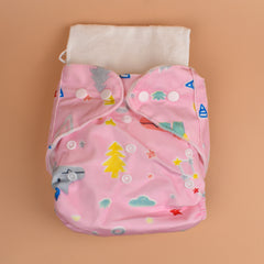 Baby Reusable Cotton Printed Pocket Diapers With 1 Inserts - Pack of 1 Pink Dinosaur