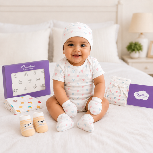 Organic Cotton Baby Essentials Gift Set | Baby Shower Gift Hamper | Baby Clothing Gift Combo | 0-6 Months | Little Heart | Pack of 7