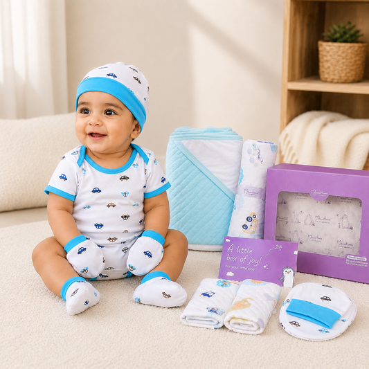 Organic Cotton Baby Essentials Gift Set | Baby Shower Gift Hamper | Baby Clothing Gift Combo | Car | Pack of 10