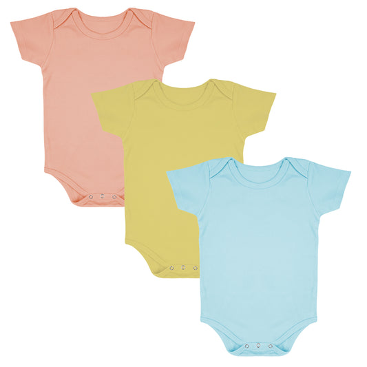 Organic Cotton New Born Baby Onesie | Blue, Yellow, Peach | Pack of 3