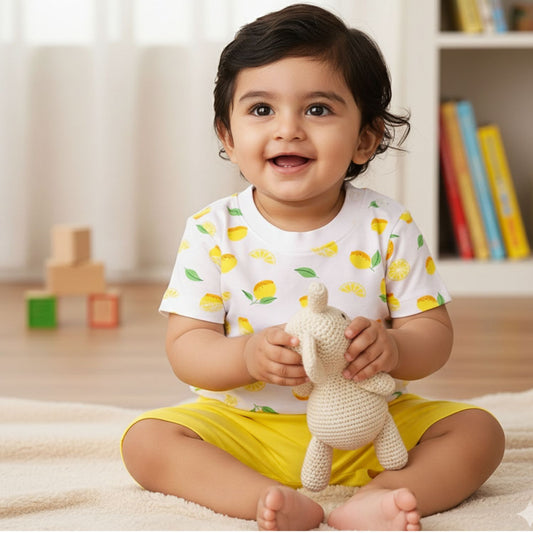 Kids Organic Cotton Co-Ord Set | T-Shirt & Shorts | Lemon