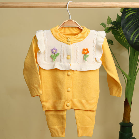 Winter Warm Woollen Full Sleeve Co-ord Sets For Baby | Flower | Set of 1