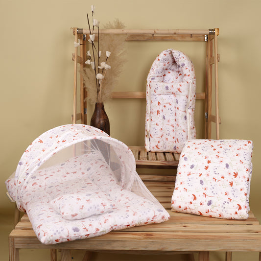Baby Bedding Set | Mosquito Net, AC Quilt & Sleeping Bag | Blossom | Pack of 3