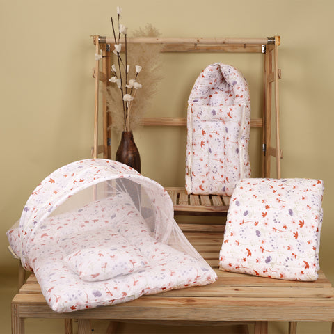 Baby Bedding Set | Mosquito Net, AC Quilt & Sleeping Bag | Blossom | Pack of 3