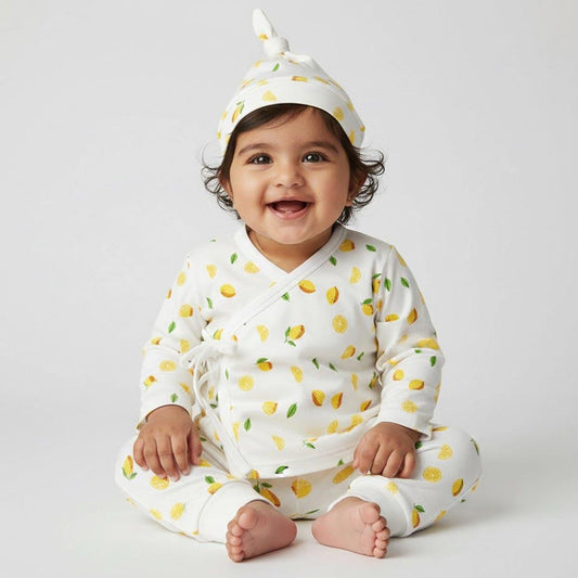 Organic Cotton Newborn Baby Clothing Set | Baby Shower Gift Hamper | Kimono Top, Pyjama & Cap Set | 0-6 Months | Pack of 3