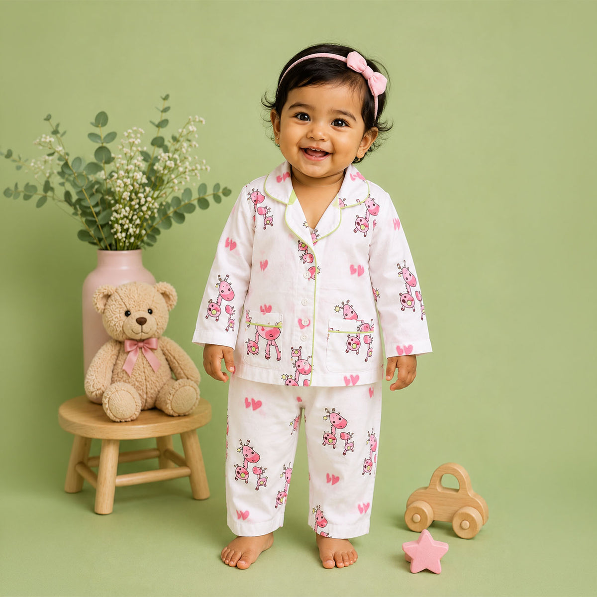 Organic Cotton Unisex Kids Pajama Set Combo | Night Suit | Sleepwear | Pink Giraffe