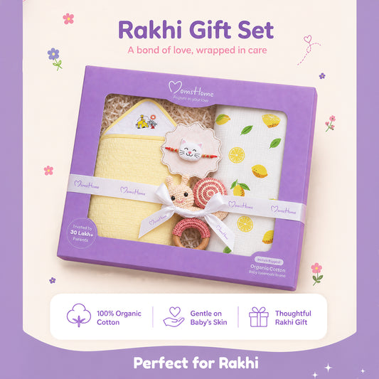 Rakhi Gift Set | Muslin Swaddle, Hooded Towel, Rattle Toy & Rakhi | Perfect For 0-12 Months | Pack of 4