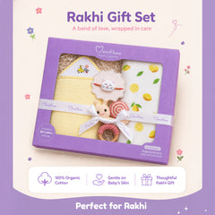 Rakhi Gift Set | Muslin Swaddle, Hooded Towel, Rattle Toy & Rakhi | Perfect For 0-12 Months | Pack of 4