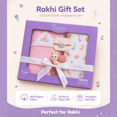 Rakhi Gift Set | Muslin Swaddle, Hooded Towel, Rattle Toy & Rakhi | Perfect For 0-12 Months | Pack of 4