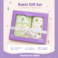 Rakhi Gift Set | Muslin Swaddle, Hooded Towel & Rakhi | Perfect For 0-12 Months | Pack of 3