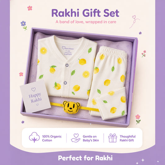 Organic Cotton Full Sleeve Baby Co-Ord Set | Soft Baby Shirt & Pant Set | Breathable Nightsuit / Sleepsuit for Infants & Toddlers | Lemon | Set of 1 ( 1 Free Rakhi )