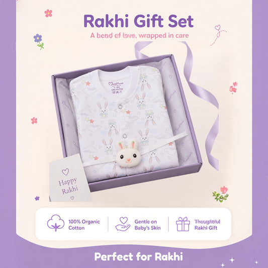 Organic Cotton New Born Baby Full Body Romper | New Born Baby Clothing | Bunny | 0-12 Months ( 1 Free Rakhi )