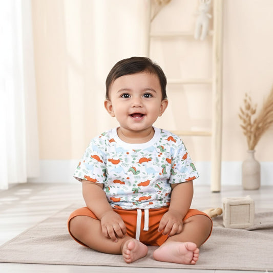 Kids Organic Cotton Co-Ord Set | T-Shirt & Shorts- Orange | Dino