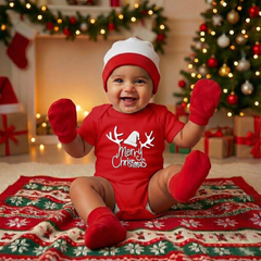 Organic Cotton Baby Christmas Dress | Christmas Clothing Set For Baby | Baby Onesie & Cap, Mittens , Botties Set | 0-3 Months | Pack of 4