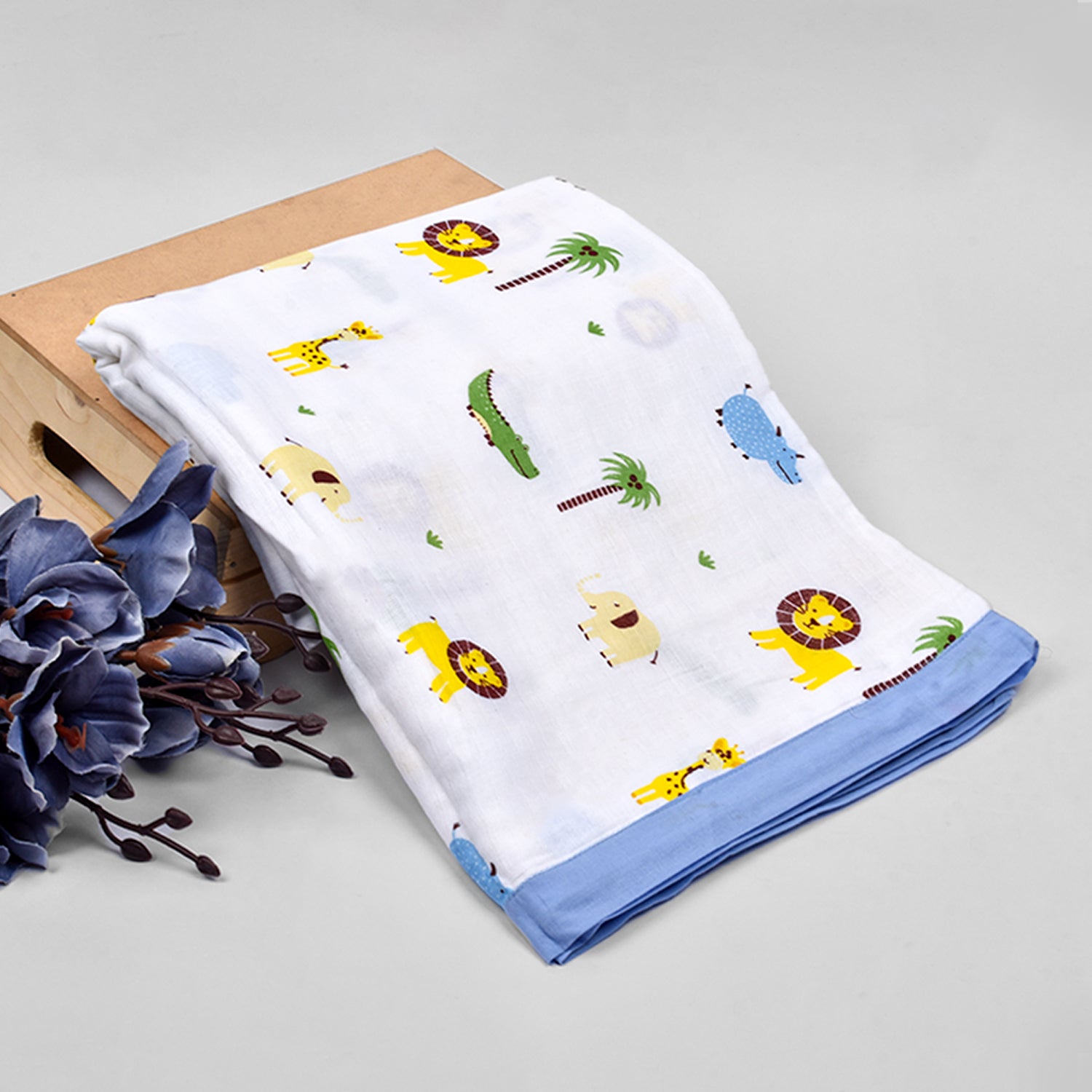 Moms Home New Born Organic Cotton Velcro Swaddle Wrap Gift Set of 9 Items - Blue