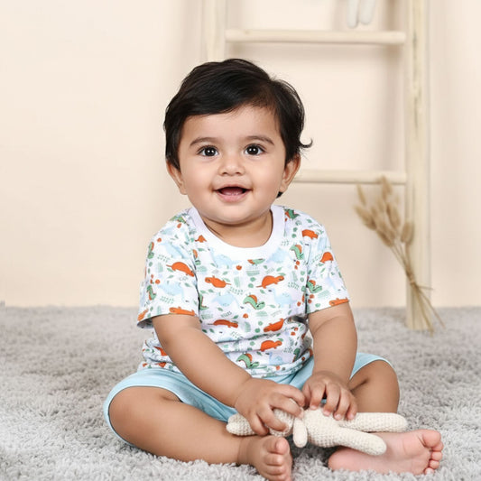 Kids Organic Cotton Co-Ord Set | T-Shirt & Shorts- Blue | Dino