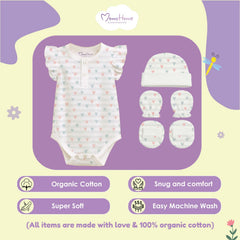 Organic Cotton Newborn Baby Clothing Set | Baby Shower Gift Hamper | Frill Onesie & Cap, Mittens, Botties Set | 0-6 Months | Pack of 4