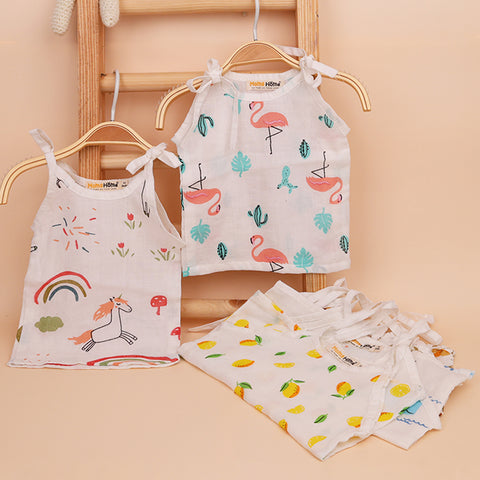 Babyhug 100% Cotton Sleeveless Tie Knot Jhablas Dots Print Pack of 3 - Pink Blue Yellow