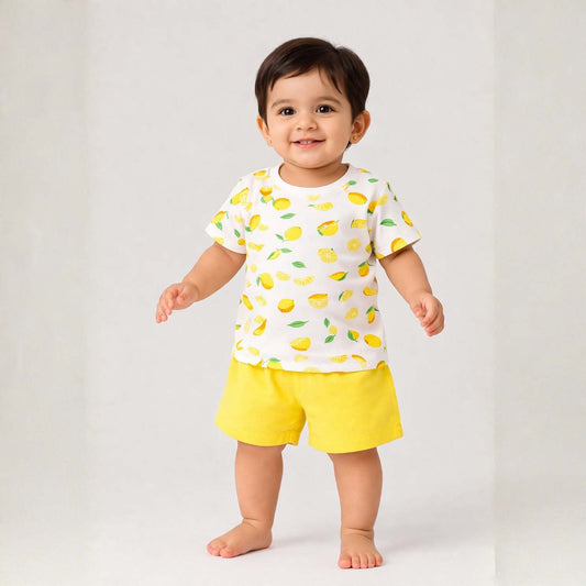 Kids Organic Cotton Co-Ord Set | T-Shirt & Shorts | Lemon