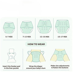 Baby Reusable Cotton Pocket Diapers With 5 Inserts, Adjustable 0-12 Months - Pack of 5