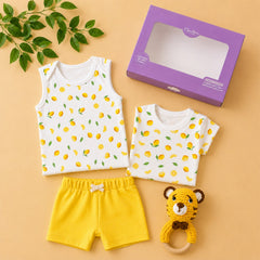 Baby Home Coming Outfit Set | Baby Shower Gift Hamper | Baby Essential Clothes Set | Lemon | Pack of 4