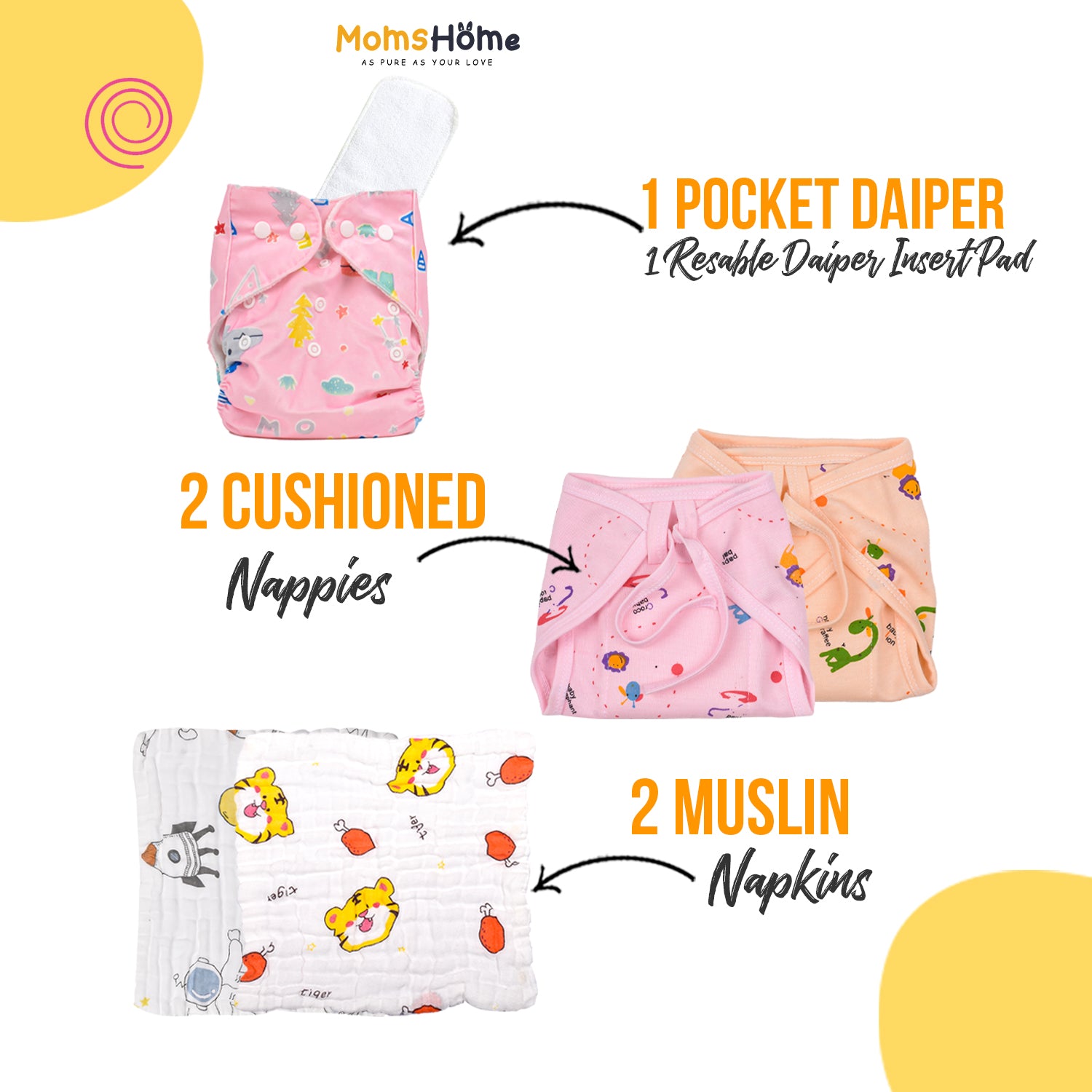 Moms Home New Born Organic Cotton Diaper Gift Set of 6 Items