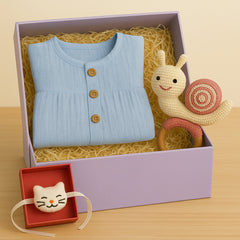 Rakhi Gift Set | Comfortable & Stylish Ribbed Frock For Toddlers With Handmade Crochet Toy With Free Rakhi | Pack of 2