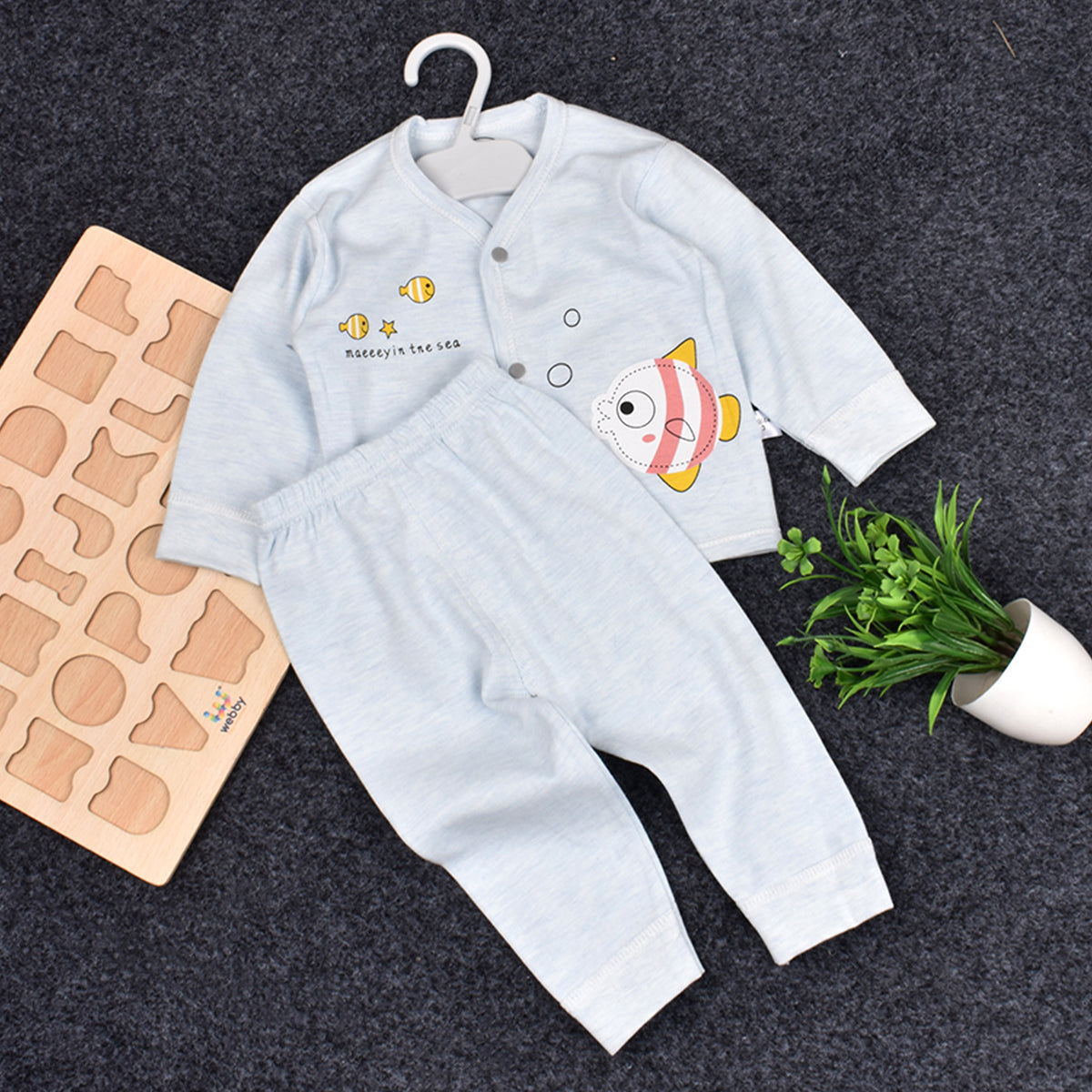 Baby's Warm Unisex Cotton Suit Set - 1 Pajama and 1 Shirt - Blue