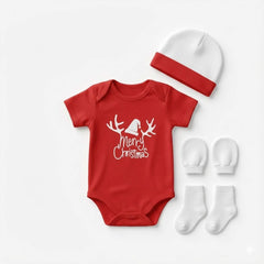 Organic Cotton Baby Christmas Dress | Christmas Clothing Set For Baby | Baby Onesie & Cap, Mittens , Botties Set | 0-3 Months | Pack of 4