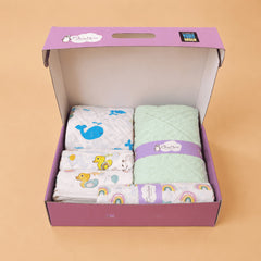Organic Cotton Baby Essentials Gift Set | Baby Shower Gift Hamper | Towel & Swaddle Combo | 0- 1 Years | 5 Items