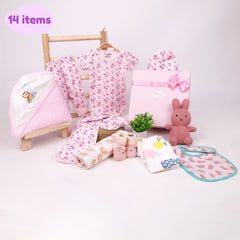 New Born Baby Gift Hamper | Baby Shower Gift Hamper | Baby Essential Clothes Set For Girls | Pink | Pack of 14