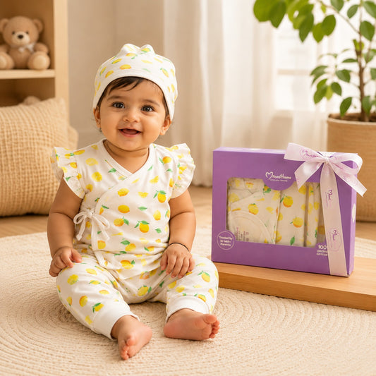 Organic Cotton Newborn Baby Clothing Set | Baby Shower Gift Hamper | Kimono Top, Pyjama & Cap Set | 0-6 Months | Pack of 3