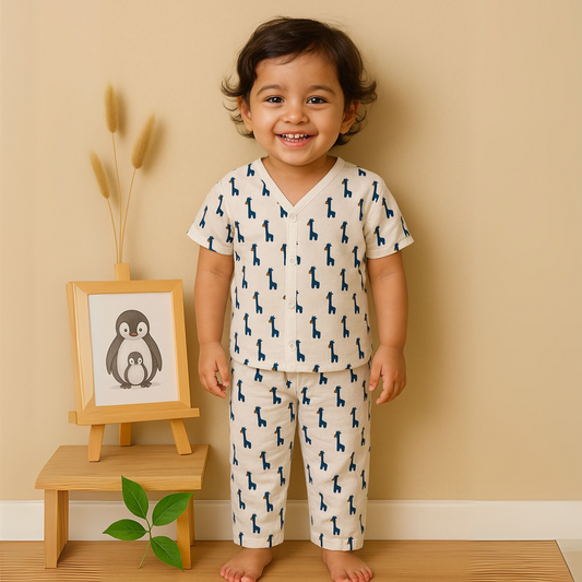 Organic Cotton Muslin Jhabla and Pant Set | Muslin Clothing For Newborn Babies | Half Sleeve Baby Jabla and  Baby Pajama Co-Ord Set | Giraffe | Set of 1