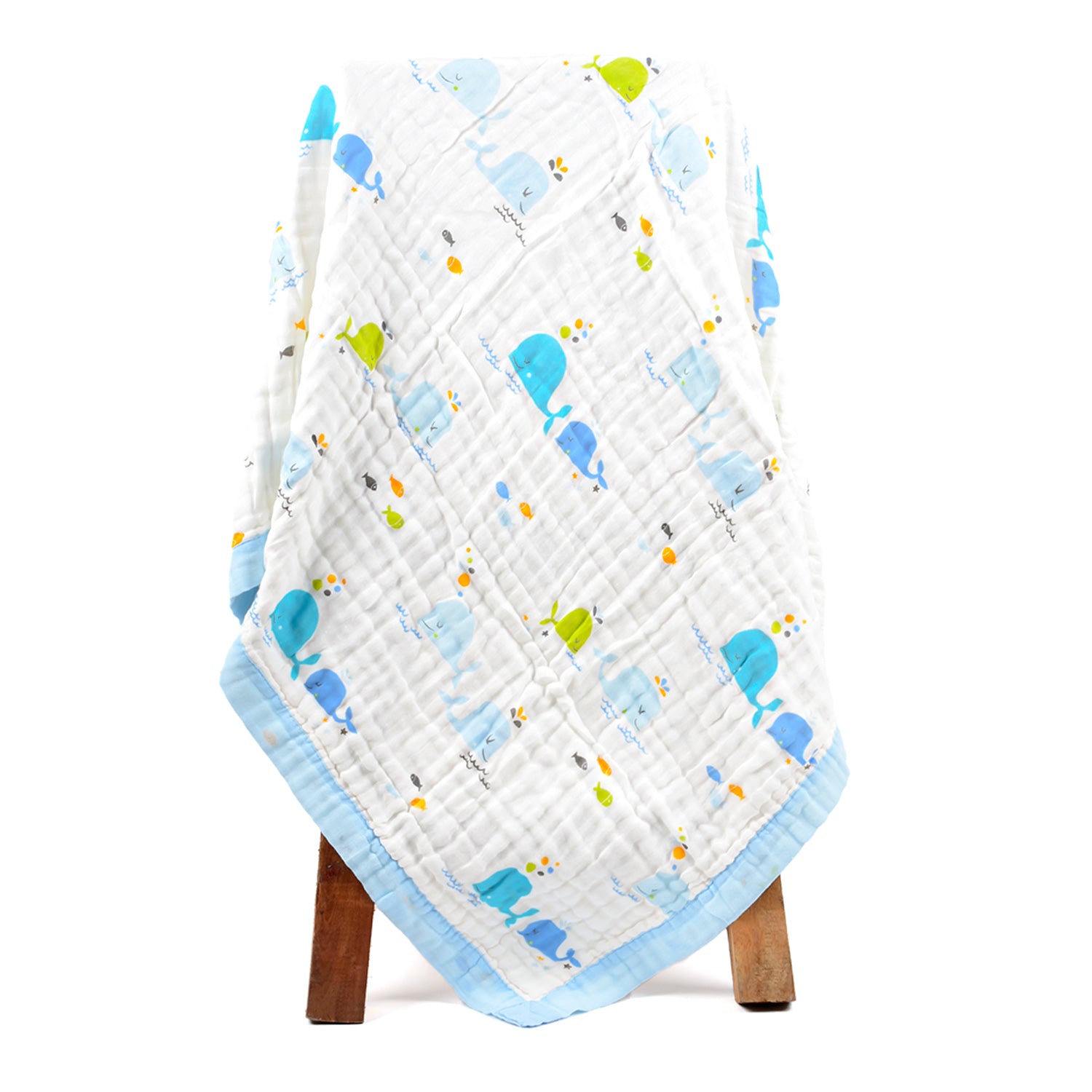 Baby Muslin 6 Layer Muslin blanket Cum Towel - 100X100 CM - (0-3 Years) Pack Of 1 Blue Whale