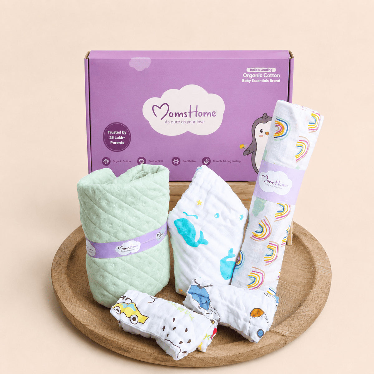 Organic Cotton Baby Essentials Gift Set | Baby Shower Gift Hamper | Towel & Swaddle Combo | 0- 1 Years | 5 Items