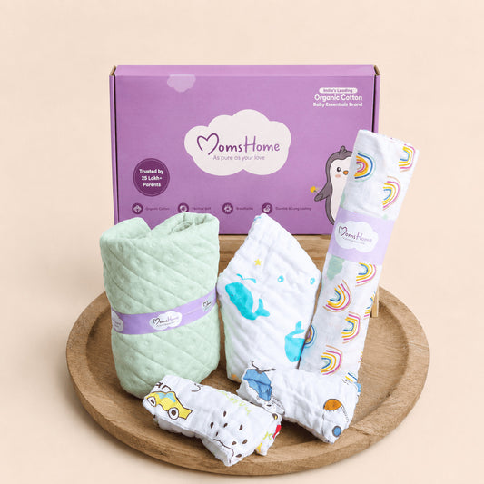 Organic Cotton Baby Essentials Gift Set | Baby Shower Gift Hamper | Towel & Swaddle Combo | 0- 1 Years | 5 Items