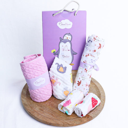Organic Cotton Baby Essentials Gift Set | Baby Shower Gift Hamper | Towel & Swaddle Combo | 0- 1 Years | 5 Items