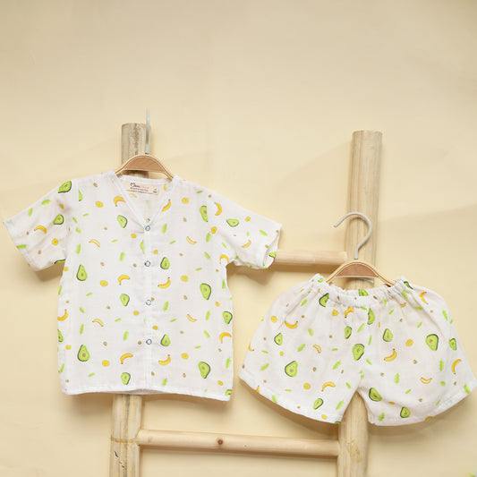 Organic Cotton Muslin T-Shirt & Short For Kids | Elegant & Comfortable Summer Wear | Avocado | Set of 1