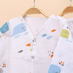 Baby Unisex Organic Cotton Muslin Full Sleeves Jhabla & Payjama | Blue Whale | Set of 1