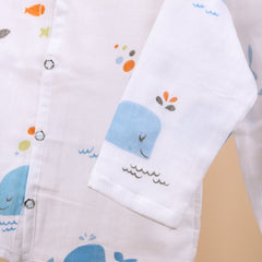 Baby Unisex Organic Cotton Muslin Full Sleeves Jhabla & Payjama | Blue Whale | Set of 1