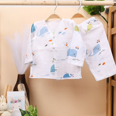 Baby Unisex Organic Cotton Muslin Full Sleeves Jhabla & Payjama | Blue Whale, Flamingo | Set of 2